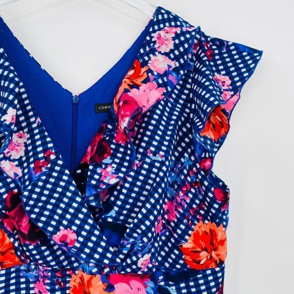 Chris McLaughlin Size 14 Navy Blue Checked Floral Flutter Sleeve Midi Dress - Picture 6 of 10